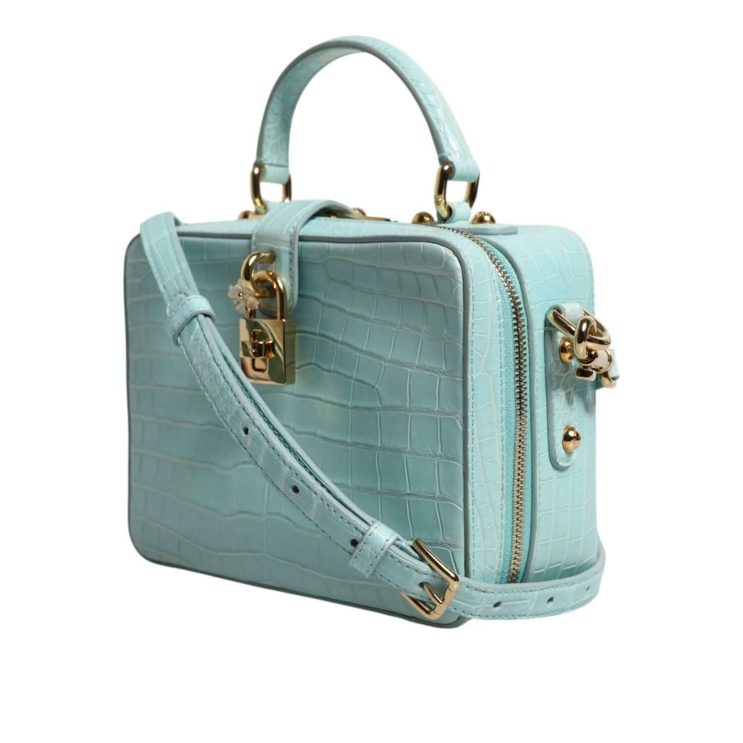 Dolce & Gabbana Mint Green Embossed Leather Padlock Shoulder Bag with gold hardware and adjustable strap, crafted in crocodile leather.