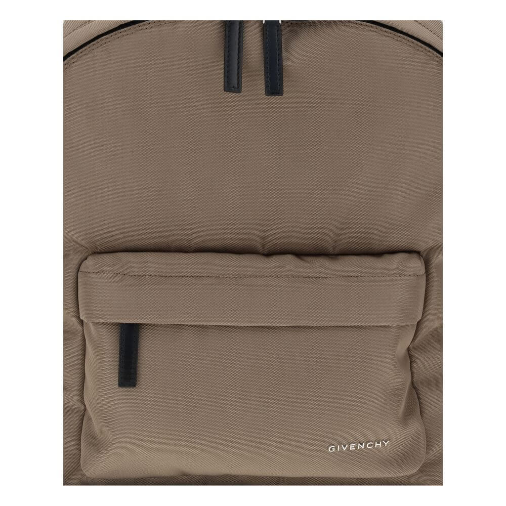 Givenchy Brown Polyamide Backpack with leather pull tabs and metal logo on front, featuring zippered pockets for organized storage.