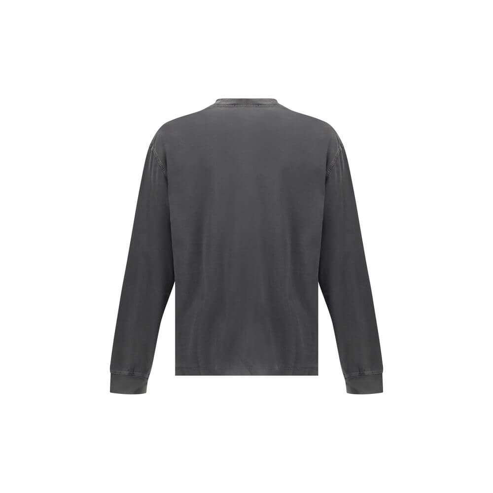 Back view of Agolde Gray Cotton Long Sleeve T-Shirt with elasticized cuffs, ribbed crew neck, soft jersey fabric, made in USA.