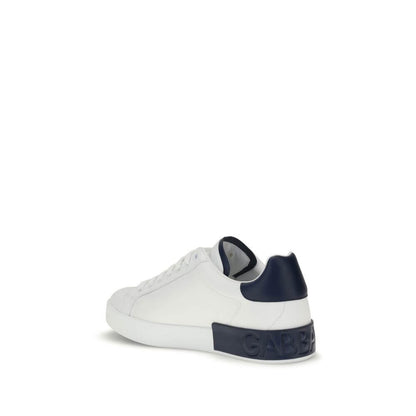 Dolce & Gabbana White Calf Leather Bos Taurus Low Top Sneakers with logo stripe and heel detail, rear view.