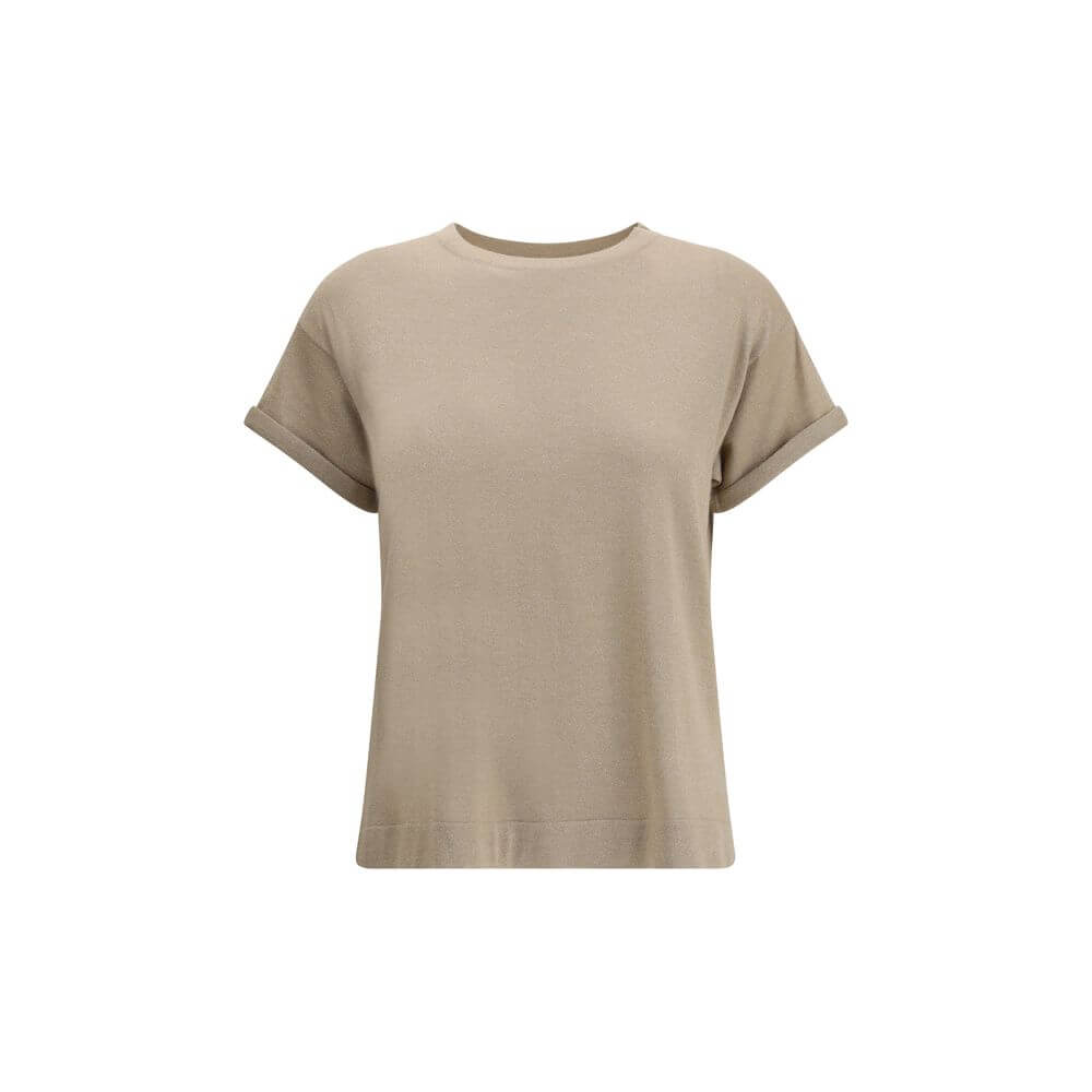 Brunello Cucinelli Beige Nylon T-Shirt with ribbed crew neck and delicate glitter effect, elegant cashmere blend for casual luxury.