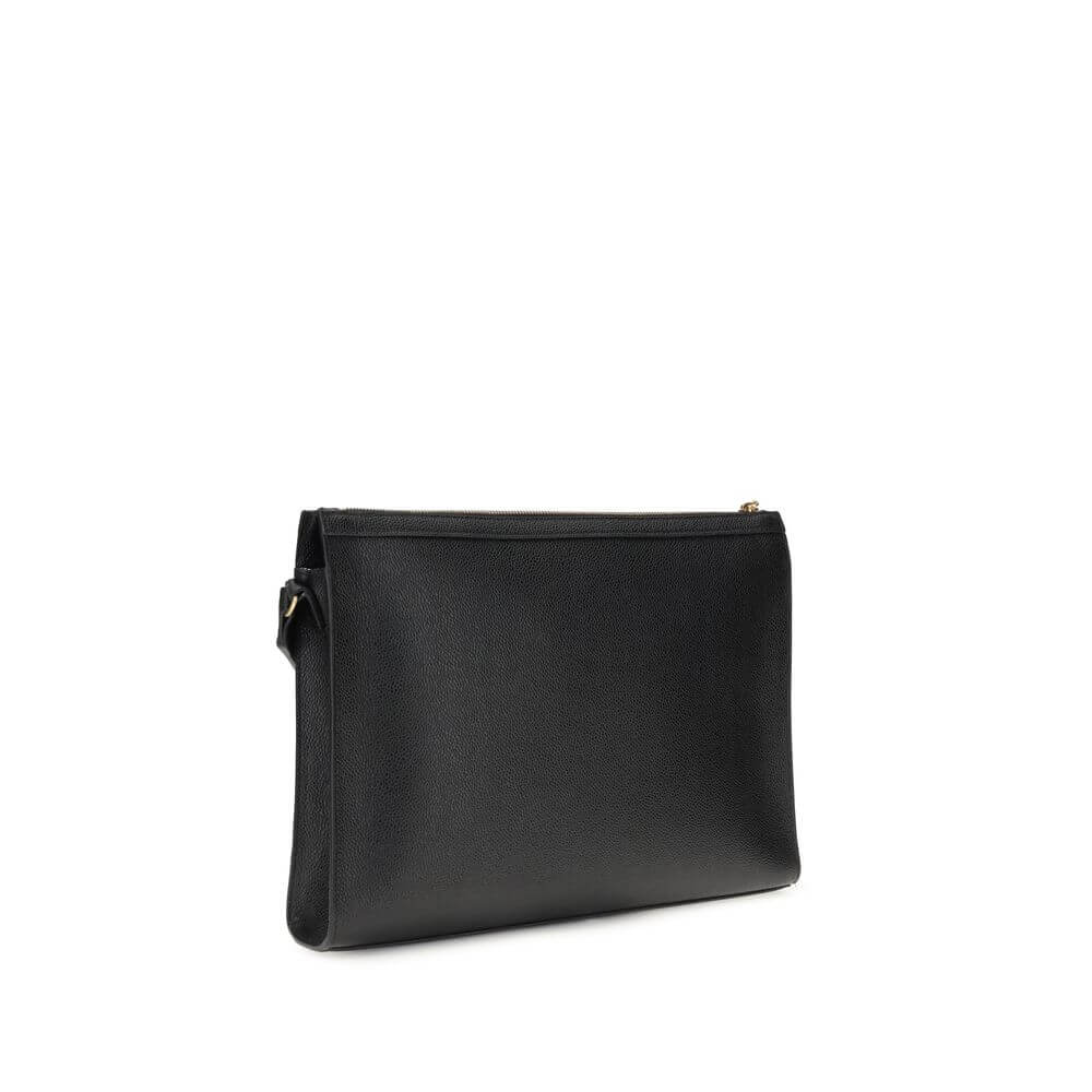 Thom Browne Black Calf Leather Bos Taurus Clutch Bag with adjustable shoulder strap and iconic tricolor detail.