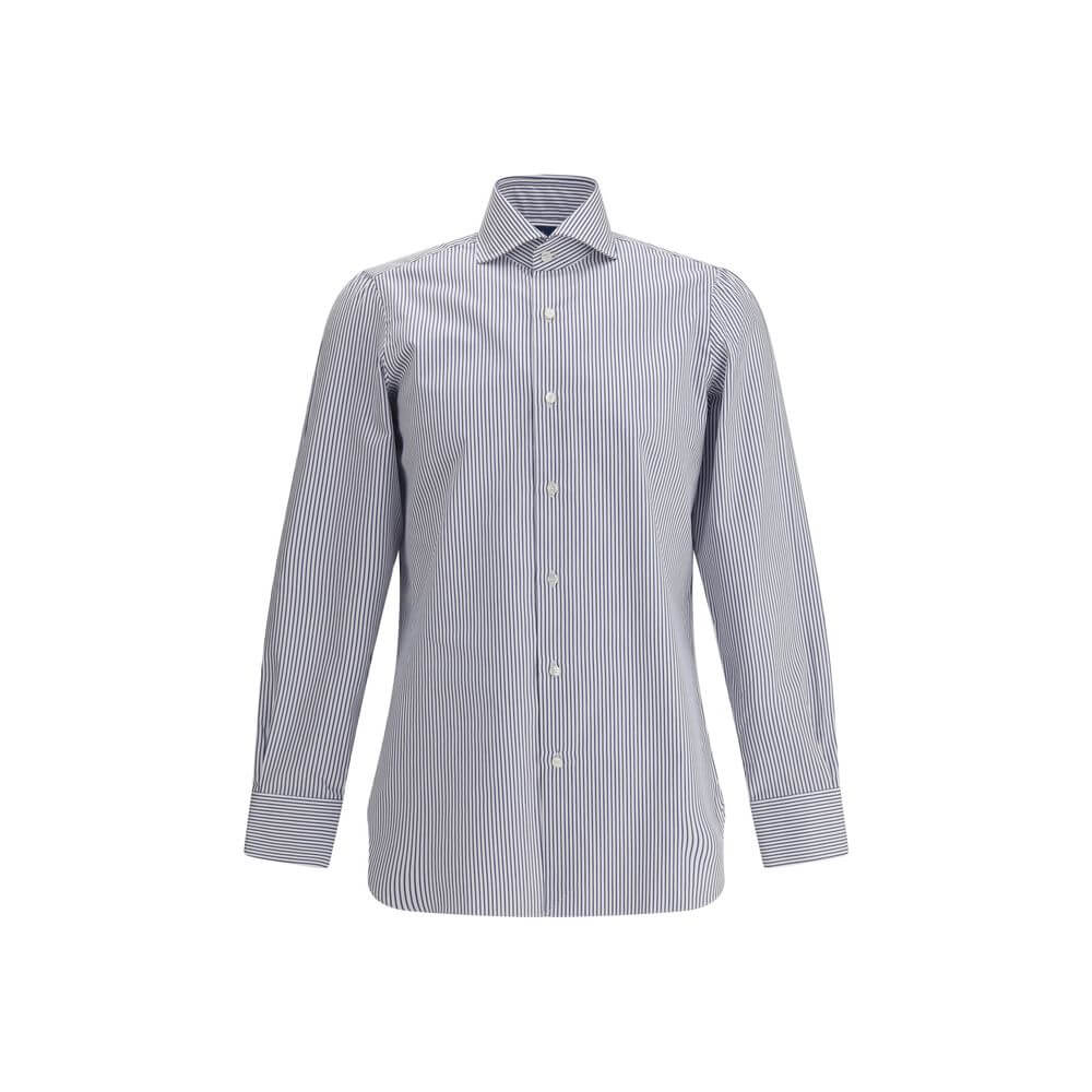 Finamore Blue Cotton Pattern Shirt with striped design, classic collar, button closure, and adjustable cuffs, made in Italy.