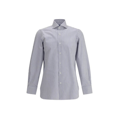 Finamore Blue Cotton Pattern Shirt with striped design, classic collar, button closure, and adjustable cuffs, made in Italy.