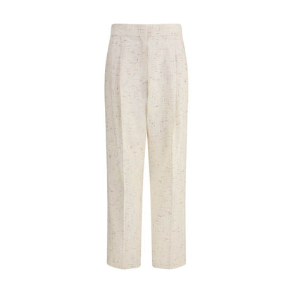 Fabiana Filippi Cream Cotton Casual Pants with pleated design and welt pockets, straight leg, made in Italy. Elegant and structured fabric.