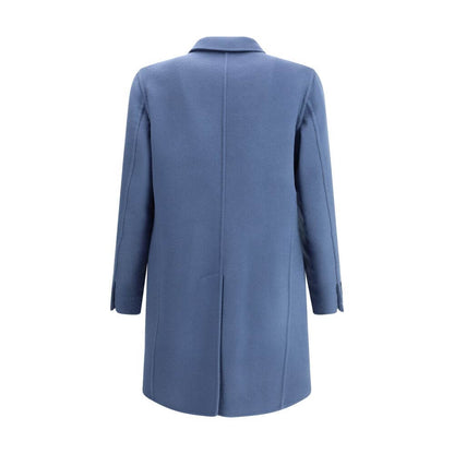 Back view of Brioni Light Blue Wool Coat with classic lapel, chest pocket, flap welt pockets, and back vent.