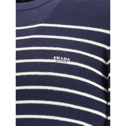 Close-up of Prada Blue Fleece Wool Sweatshirt with white stripes and iconic jacquard signature on front.