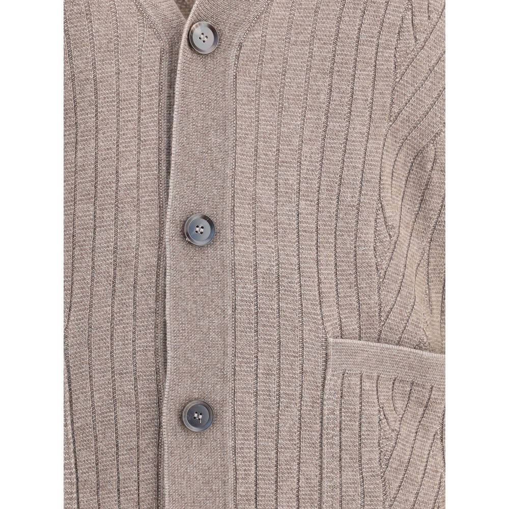 Brioni Brown Wool Cardigan featuring a ribbed design, V-neckline, front button closure, and patch pockets in Italy-made luxury fabric.