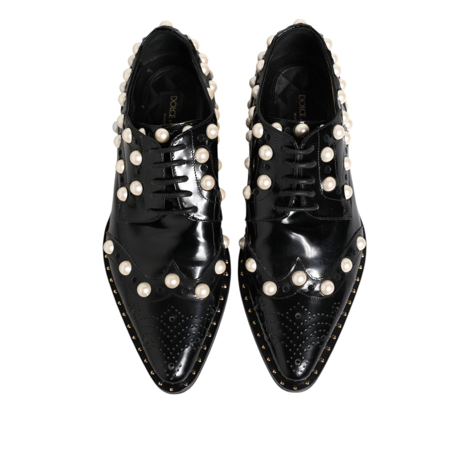 Dolce & Gabbana Black Leather Faux Pearl Dress Broque Shoes