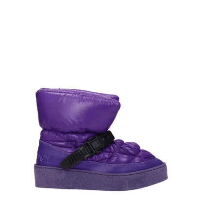 Khrisjoy Purple Polyester Ankle Boots with back logo and clips closure, featuring mid heels and rubber sole, round toe in casual style.