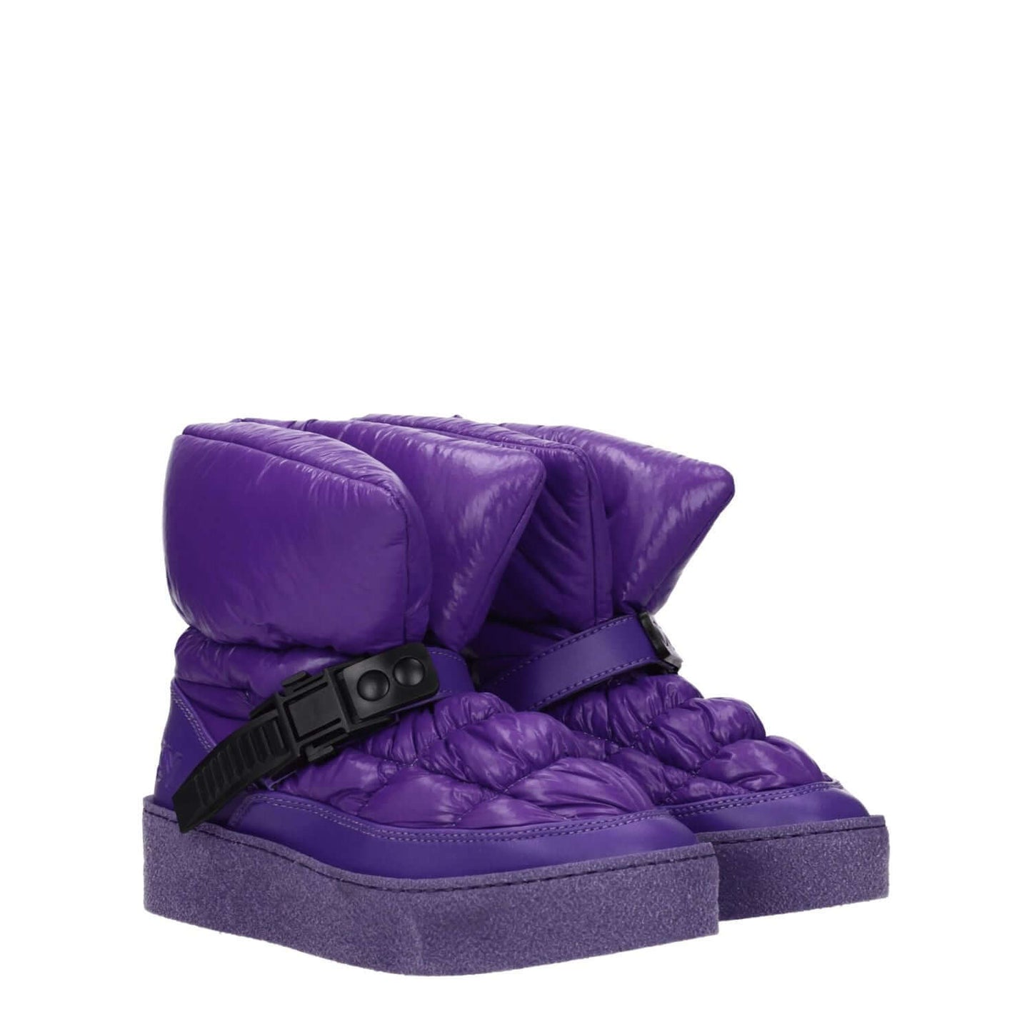 Khrisjoy Purple Polyester Ankle Boots with back logo, casual style, suede clips closure, rubber sole, mid heels, round toe.