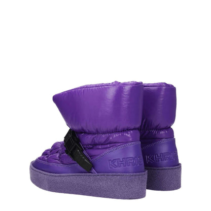 Khrisjoy Purple Polyester Ankle Boots with back logo, mid heels, and rubber sole. Casual style with clips closure. MPN: CFMW100NYLPA440.