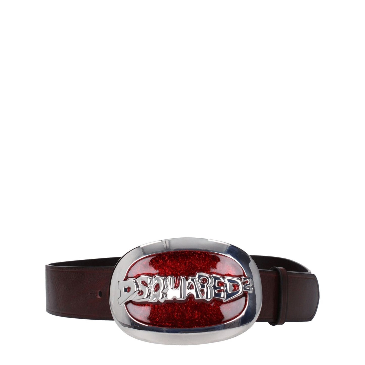 Dsquared² Brown Leather Regular Belt with silver front logo and vintage effect, featuring a hook closure style in red and brown leather.