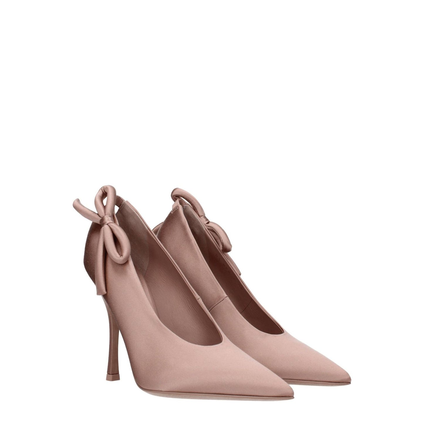 Valentino Garavani Pink Satin High Heel Pumps with pointy toe and leather sole, featuring elegant side detail.