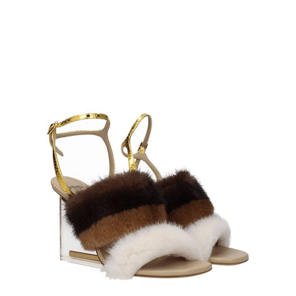 Fendi Brown Mink Strap-On Sandals with snake leather, open toe, and high heel in gold and brown.