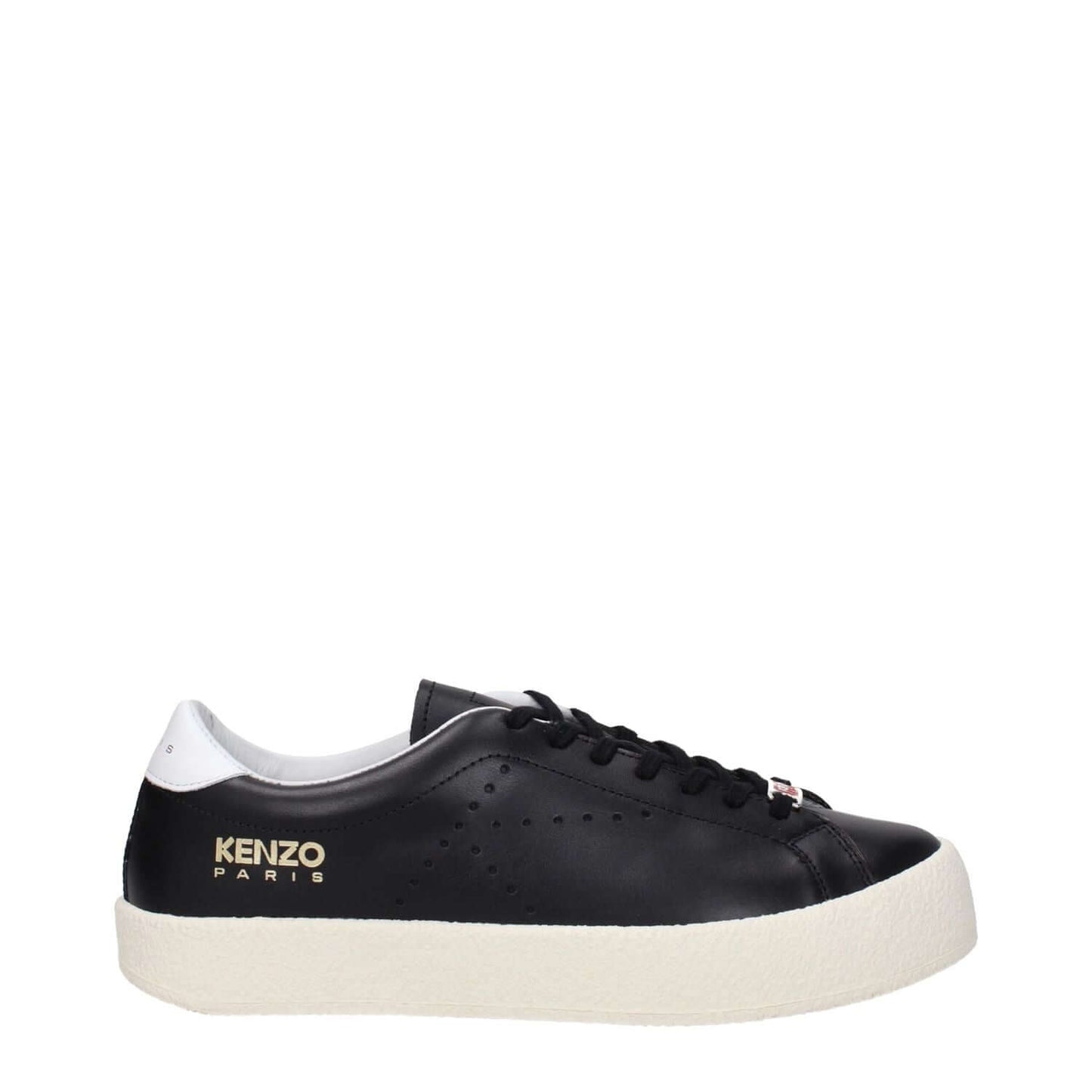 Kenzo Black Leather Low Top Sneakers with side logo, sporty glam style, lace-up closure, and rubber sole.