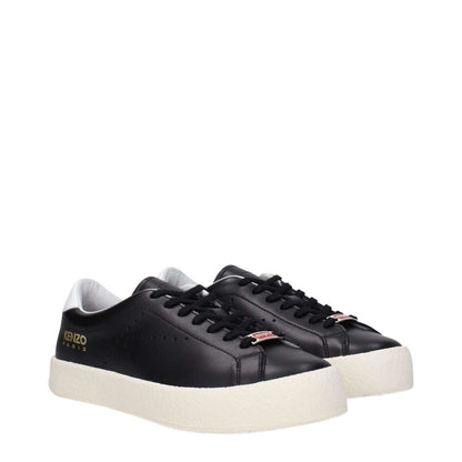 Kenzo Black Leather Low Top Sneakers with logos and lace-up design, sporty glam style, round toe, rubber sole, and flat heel.