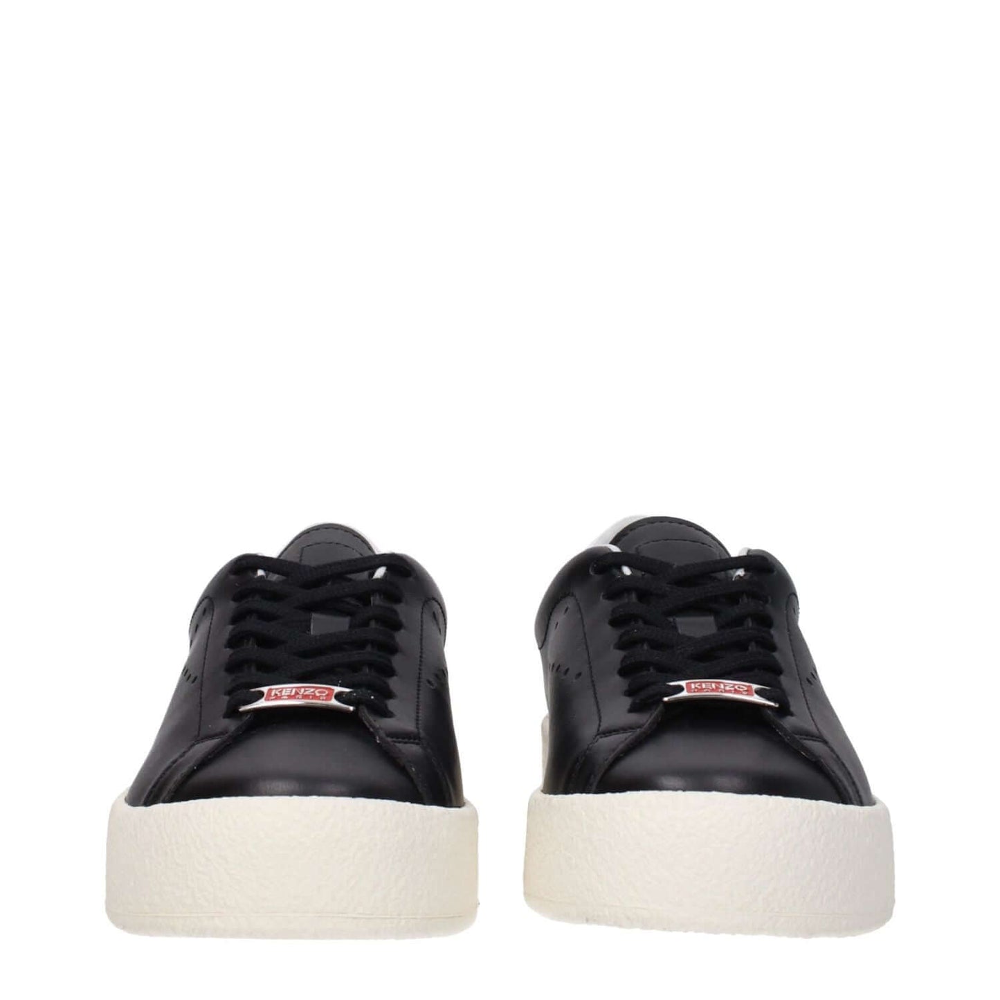 Kenzo Black Leather Low Top Sneakers with logos on side, front, and back, lace up closure, rubber sole, round toe, sporty glam style.