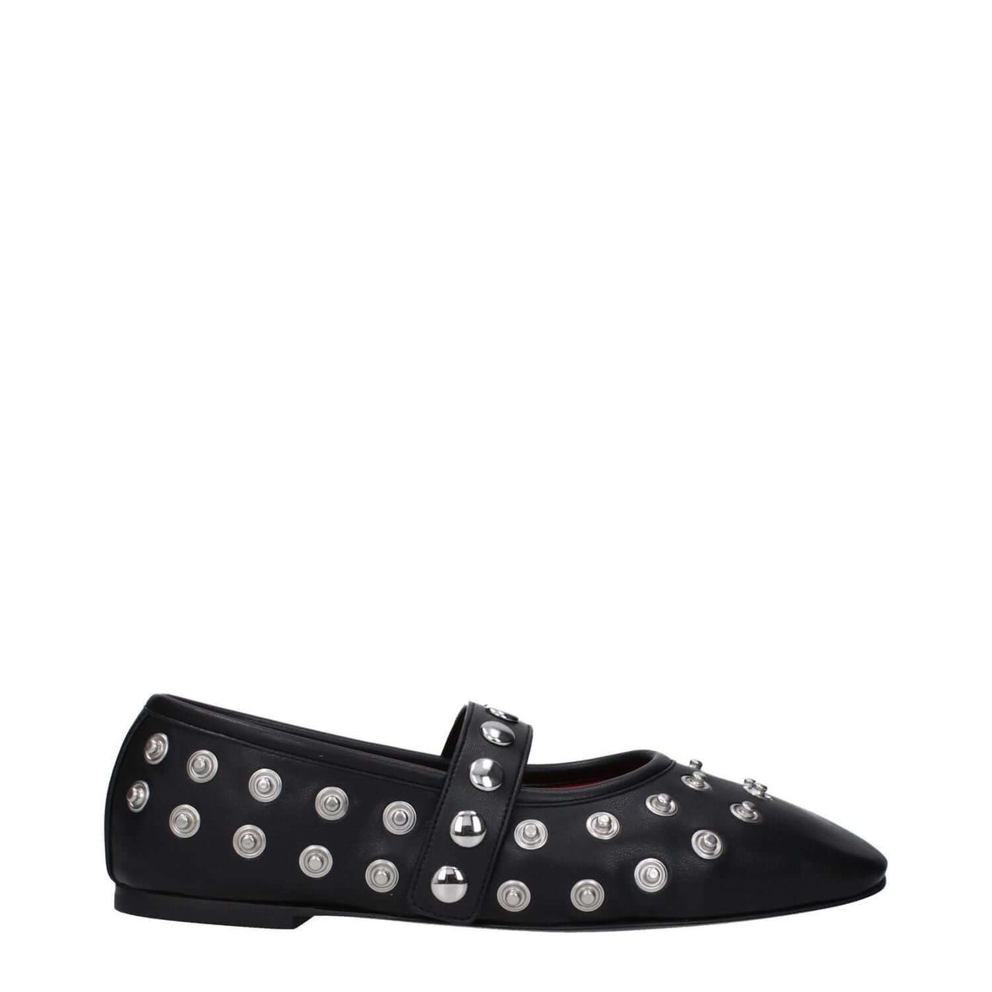 Stella McCartney Black Leather Ballet Flats with silver studs, eco leather, rubber sole, button closure, round toe, punk rock style.