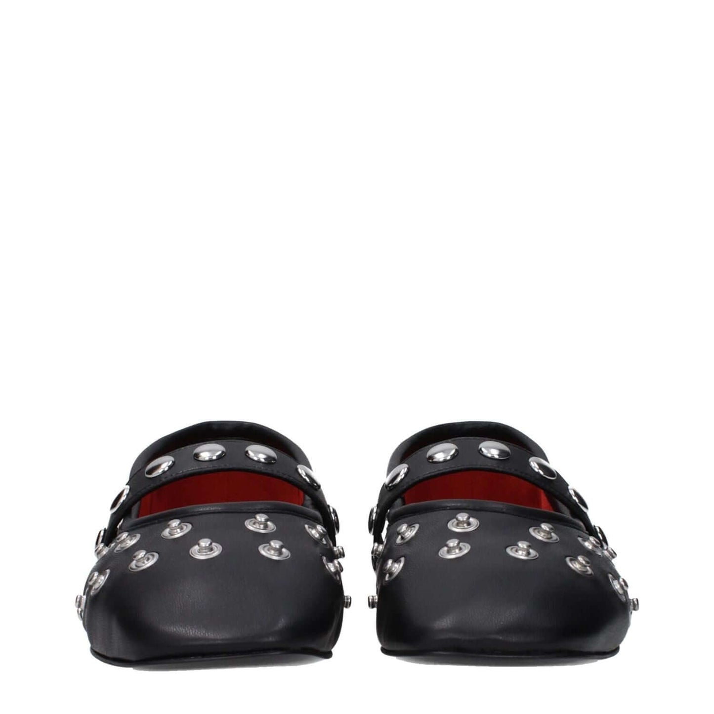 Stella McCartney Black Leather Ballet Flats with silver studs, eco leather, round toe, punk rock style, button closure, and rubber sole.