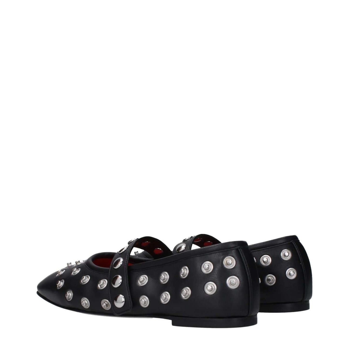 Stella McCartney Black Leather Ballet Flats with silver studs, eco leather, round toe, button closure, low flat heel, rubber sole.