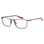 Under Armour Black Metal Frames rectangular glasses with red temple tips, model UA5006G003F71, 57/18/140 mm dimensions.