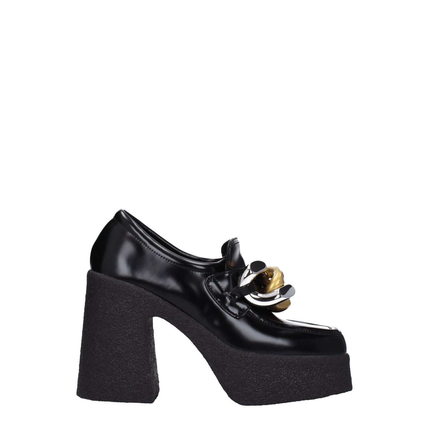 Stella McCartney Black Leather Platform Loafers with square toe, high heel, rubber sole, and vintage effect front detail.