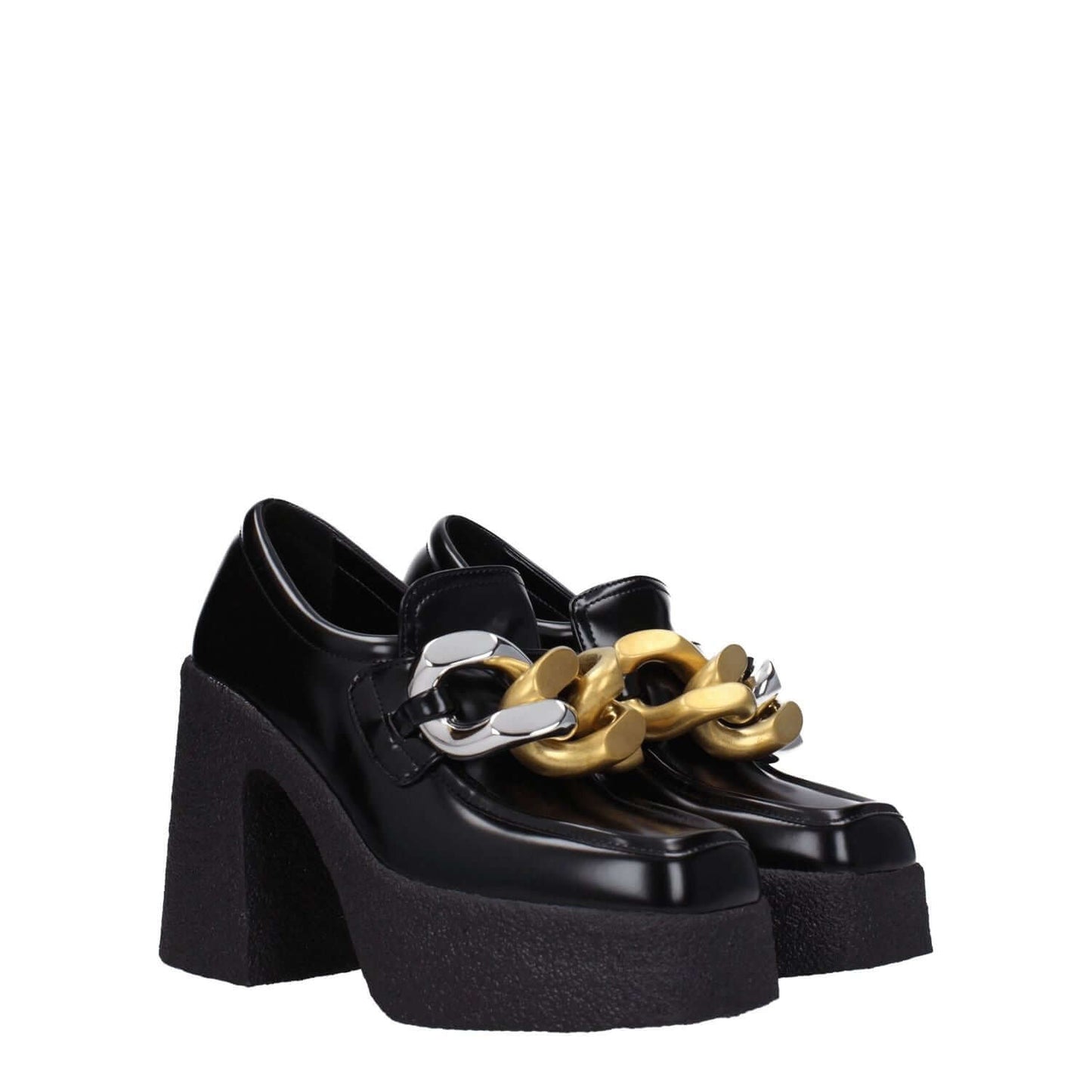 Stella McCartney Black Leather Platform Loafers with high heel and square toe, featuring front detail and vintage effect.