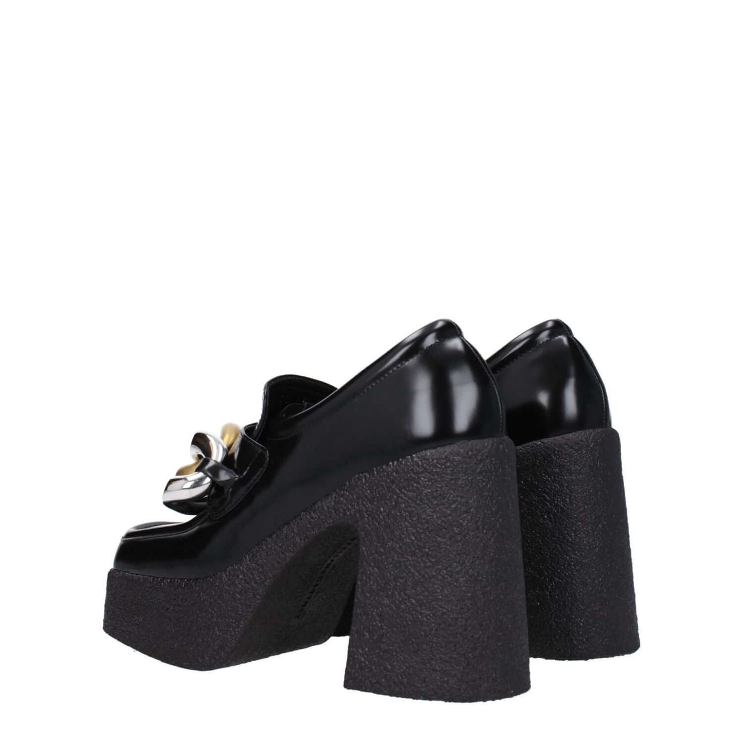 Stella McCartney Black Leather Platform Loafers with high heel, eco leather, and vintage effect design, square toe, and rubber sole.