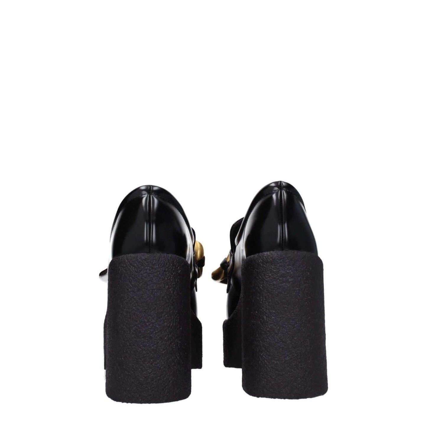 Back view of Stella McCartney Black Leather Platform Loafers with high heel and rubber sole.