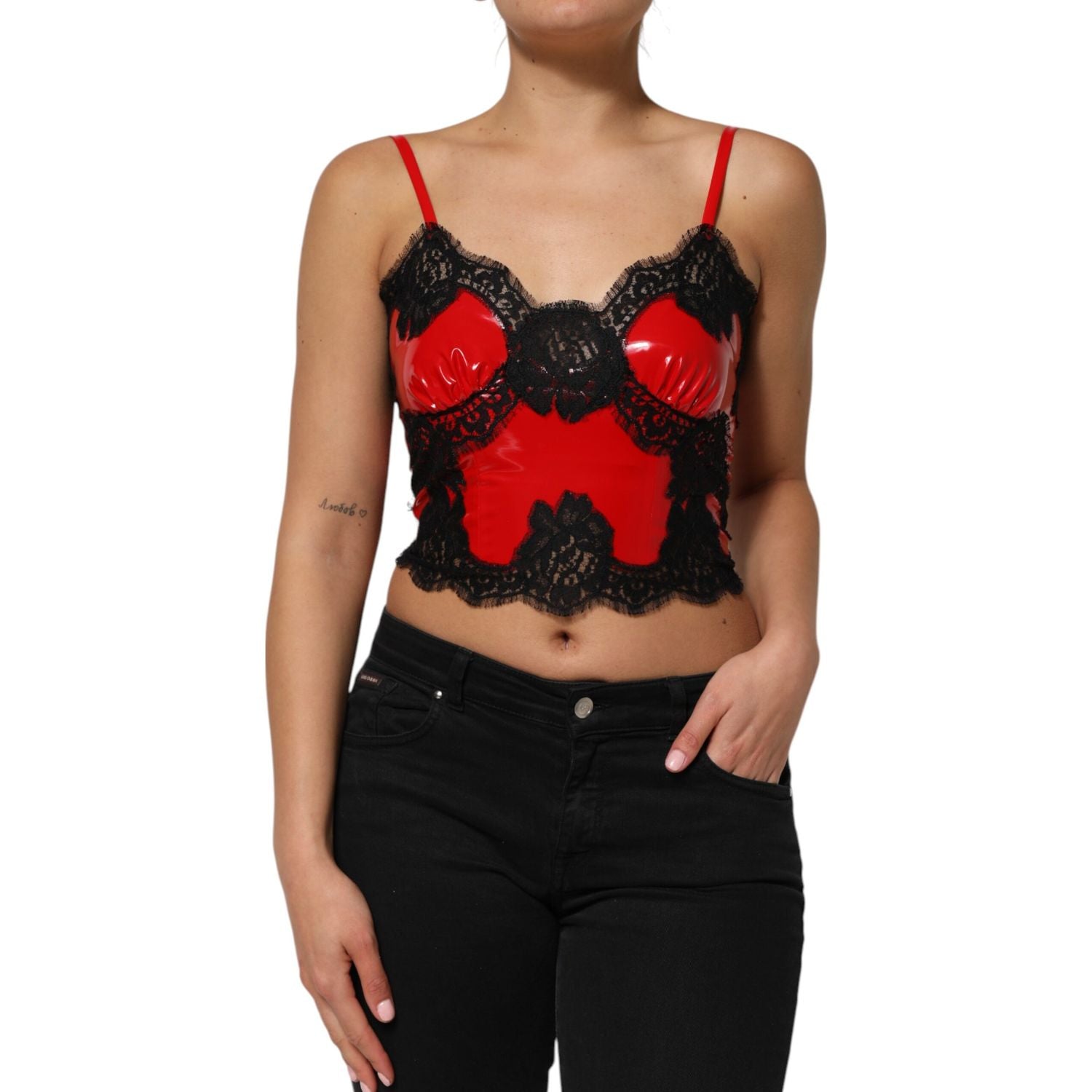 Dolce & Gabbana Red Black Lace Trim Polyester Sleeveless Tank Top