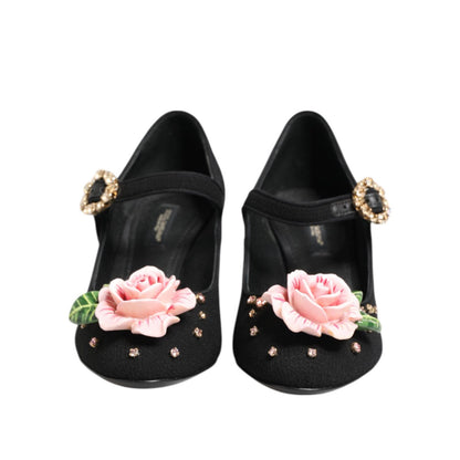 Dolce & Gabbana Black Flower Crystal Embellished Mary Jane Shoes