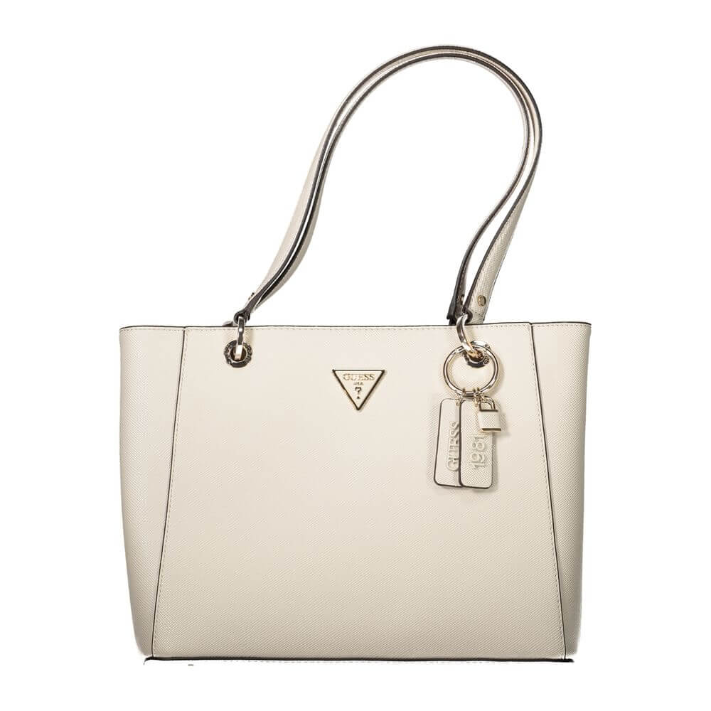 Guess Jeans Beige Polyethylene Handbag with dual shoulder handles, external pocket, logo, and zip closure.