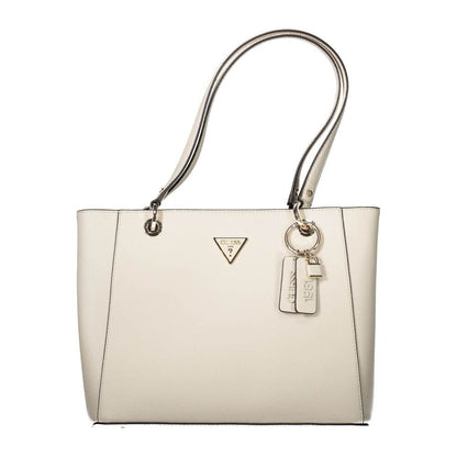 Guess Jeans Beige Polyethylene Handbag with dual shoulder handles, external pocket, logo, and zip closure.