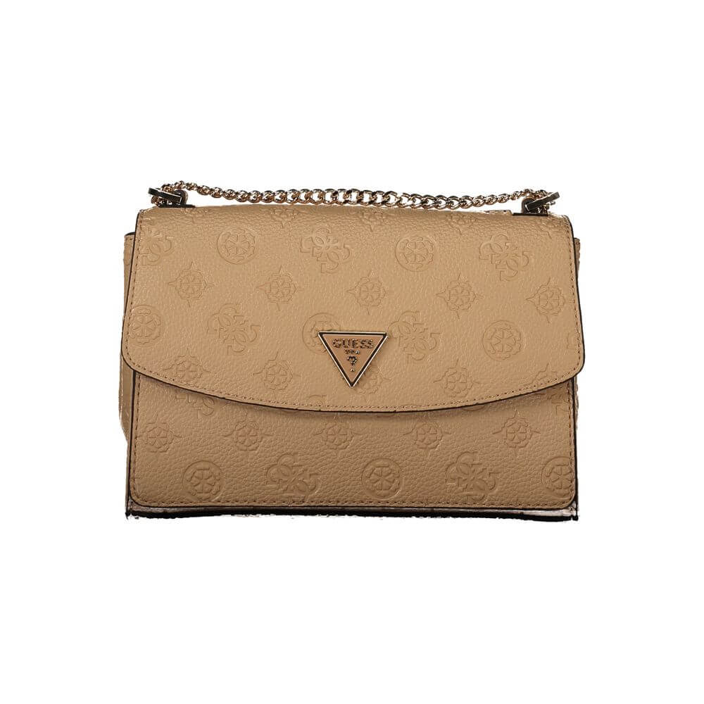 Guess Jeans Beige Polyethylene Handbag with chain shoulder strap, external pocket, and snap closure.