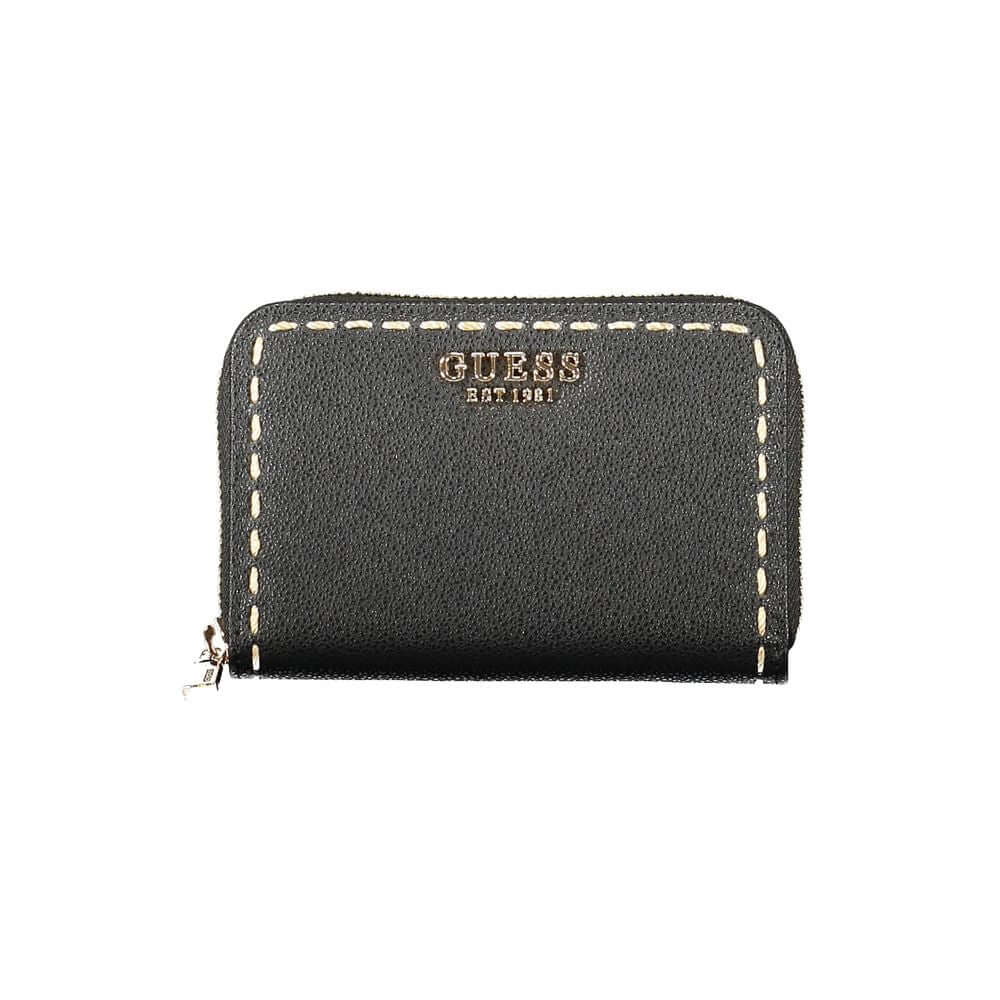 Guess Jeans Black Polyethylene Wallet with zip closure, 2 compartments, coin purse, and double card spaces, featuring contrasting details.