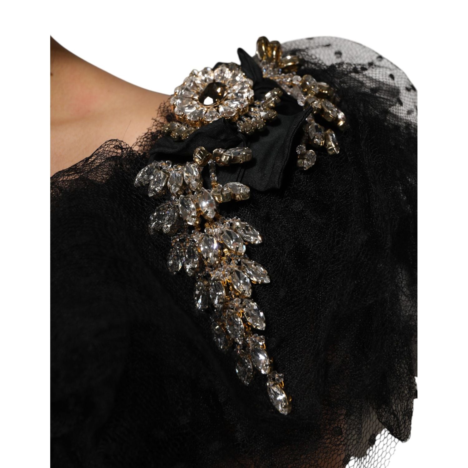 Dolce & Gabbana Black Crystal Embellished Midi A-line Dress