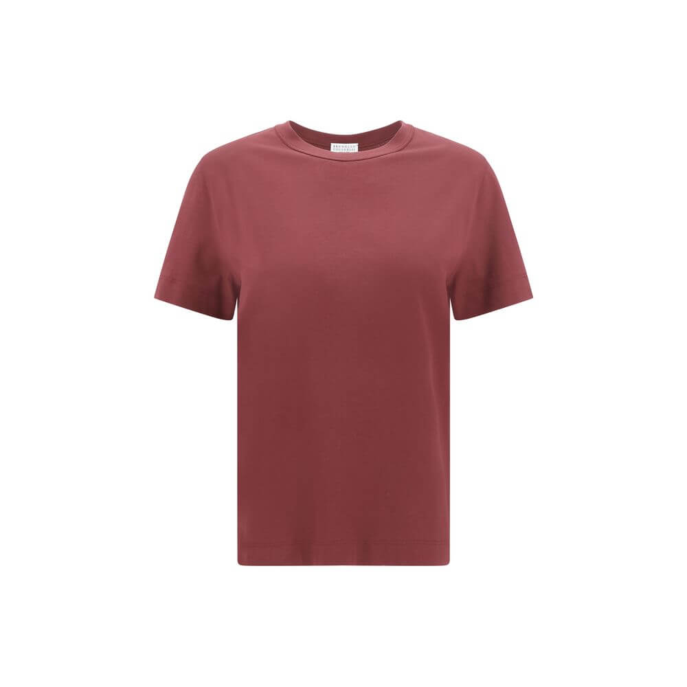 Brunello Cucinelli Bordeaux Cotton T-Shirt with ribbed crew neck and jewel detail, perfect for versatile and elegant styling.