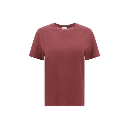 Brunello Cucinelli Bordeaux Cotton T-Shirt with ribbed crew neck and jewel detail, perfect for versatile and elegant styling.
