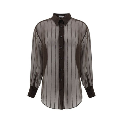 Brunello Cucinelli Brown Silk Blouse with sequin embellishments, featuring a semi-transparent design and adjustable button cuffs, AW25.