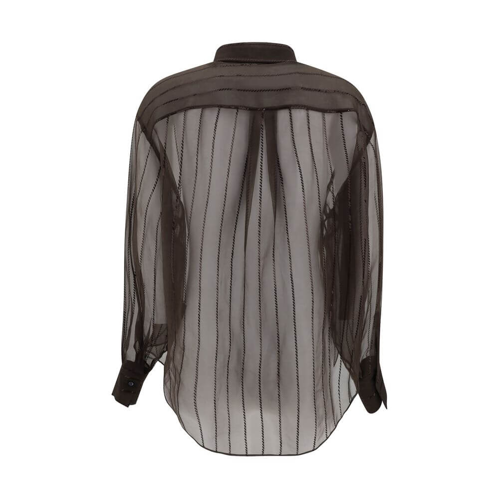 Back view of Brunello Cucinelli Brown Silk Blouse showcasing semi-transparent fabric and classic design.
