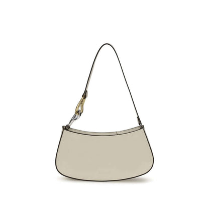 Staud Cream Calf Leather Bos Taurus Shoulder Bag with flat strap and zip closure, featuring double snap hook detail.