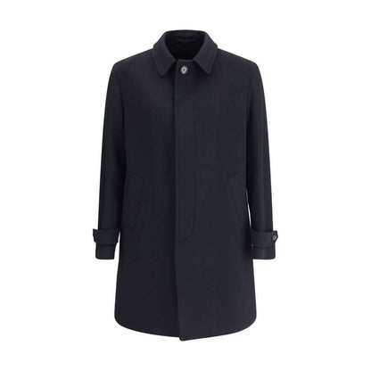 Lardini Black Fleece Wool Trench Coat - Single-breasted design, 100% virgin wool, button closure, side pockets, tailored elegance.