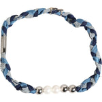 Dolce & Gabbana Blue White Braided Silver Metal Logo Beaded Men Bracelet