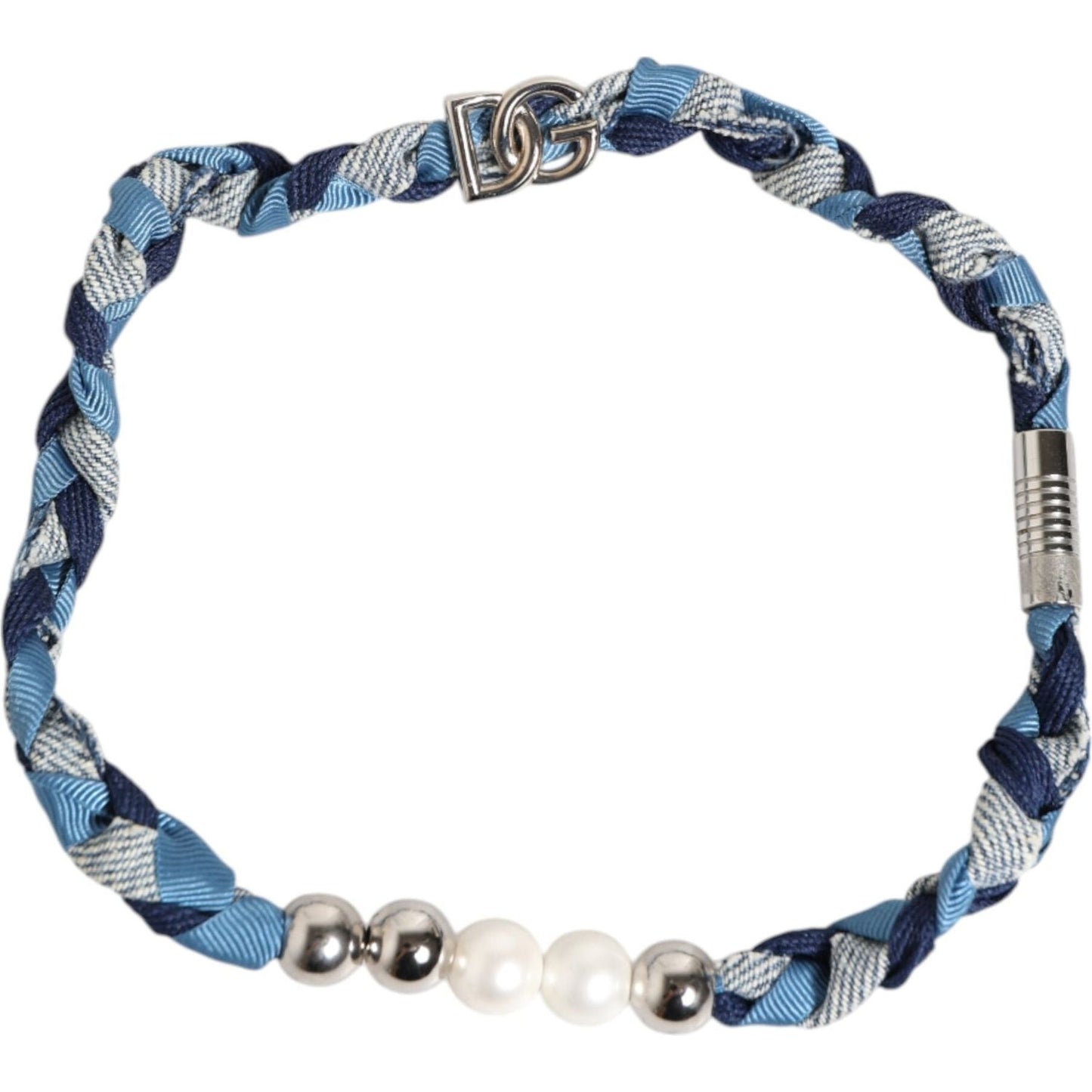 Dolce & Gabbana Blue White Braided Silver Metal Logo Beaded Men Bracelet
