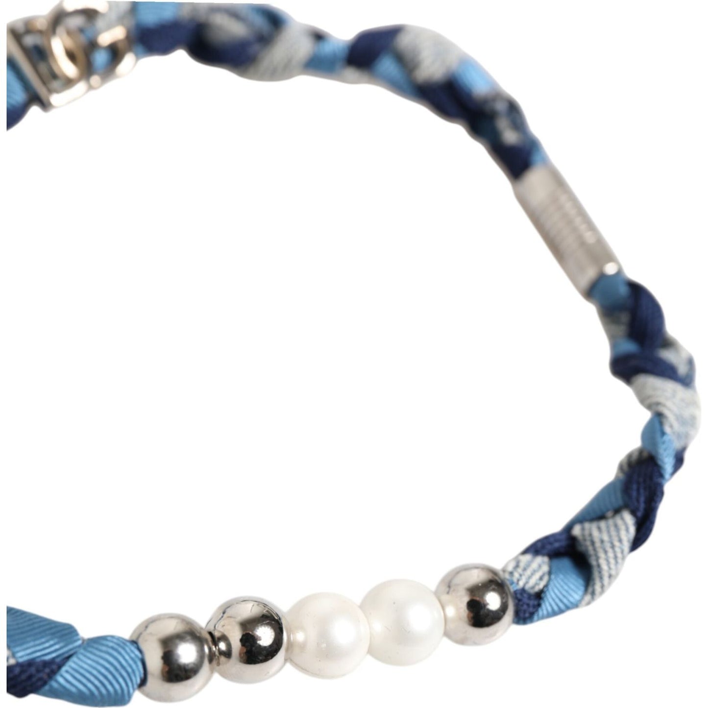 Dolce & Gabbana Blue White Braided Silver Metal Logo Beaded Men Bracelet