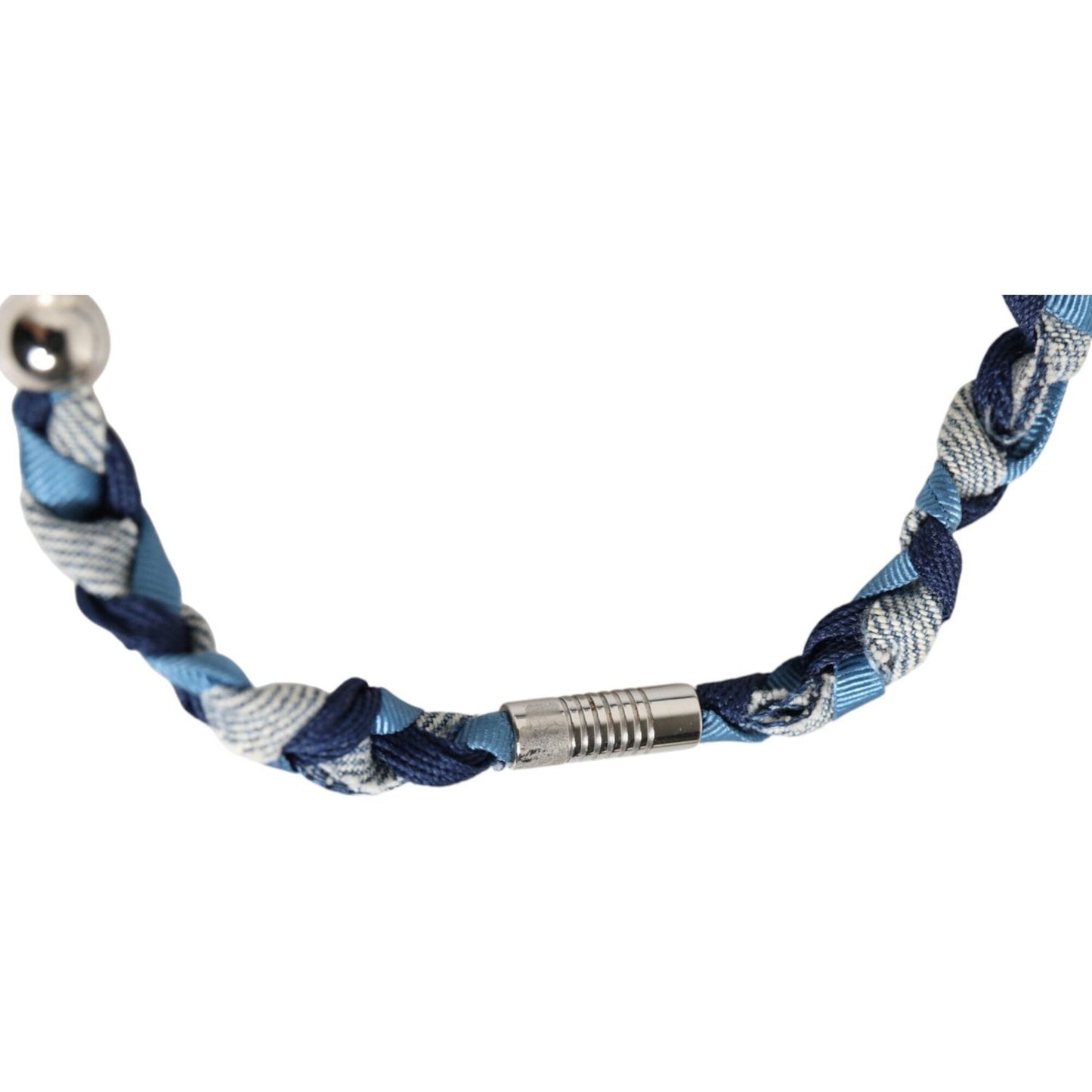 Dolce & Gabbana Blue White Braided Silver Metal Logo Beaded Men Bracelet