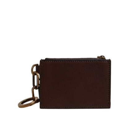 Dolce & Gabbana Brown Calf Leather Zip Logo Keyring Coin Purse Men Wallet