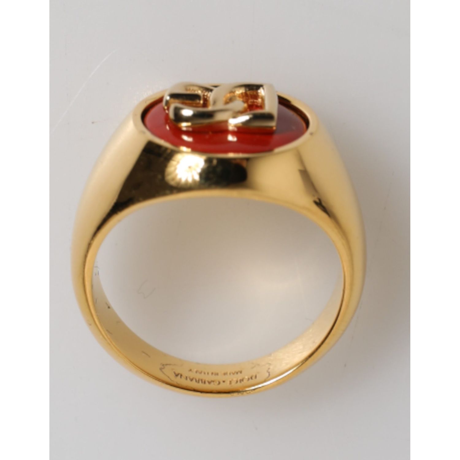Dolce & Gabbana Gold Tone Real Brass Red DG Logo Men Ring