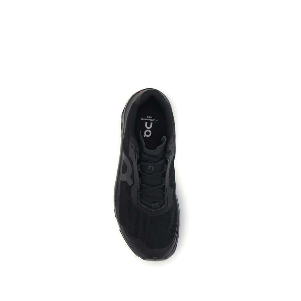 Top view of ON Black Recycled Polyester Athletic Sneakers, featuring lightweight mesh upper and legendary cushioning.